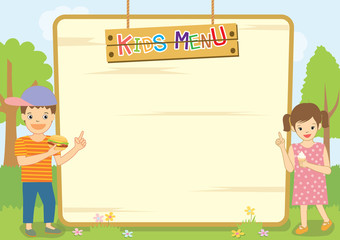 Illustration vector kids menu meal template design with boy and girl  in background of nature.Blank for your text or message.