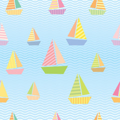 Illustration vector sailboat and wave of sea for seamless pattern with summer background.Pastel and colorful.