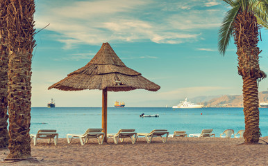 Morning on central public beach of Eilat - famous tourist, resort and recreational city in Israel