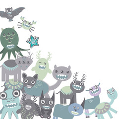 blue and gray Funny monsters set on white background. Vector