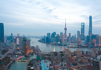 Aerial photography at Shanghai bund Skyline of twilight