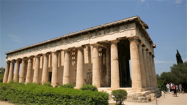 A wide shot of the Temple of Hephaestus in Ancient Agora of Athens, Greece