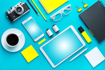 Office tools. Digital technology. Innovative implementation in business. Internet applications. Wireless function. Tablet phone and camera. Developing applications on the Internet. Flat lay photo