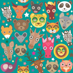 Set of funny animals muzzle seamless pattern. Teal background with stars. Vector