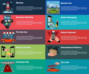 set of business concepts, flat design, startup, teamwork, money transfer, online shopping, vector illustration