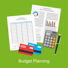 Flat illustration of budget planning, market analysis, financial accounting, spreadsheet.
