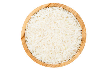 close up wooden bowl of jasmine rice grain isolated on white background