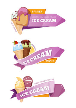 Sweet ice cream vector banners set. Ice cream in cone or on stick, banner logo for shop ice cream illustration