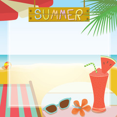 Illustration vector of beach background with watermelon smoothie and sunglasses into empty space.