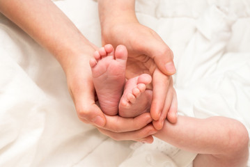 Fototapeta na wymiar Baby legs. Legs newborn in sister hand