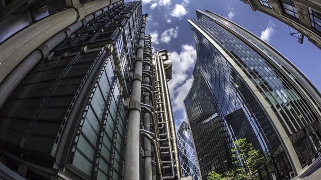 Time lapse fish eye view of office buikdings in the financial district of the City of London