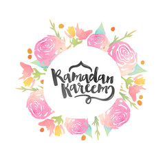 Flowers decorated Greeting Card for Ramadan Kareem.
