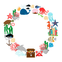 Obraz premium Marine life round frame with fishes corals and shells. Vector illustration
