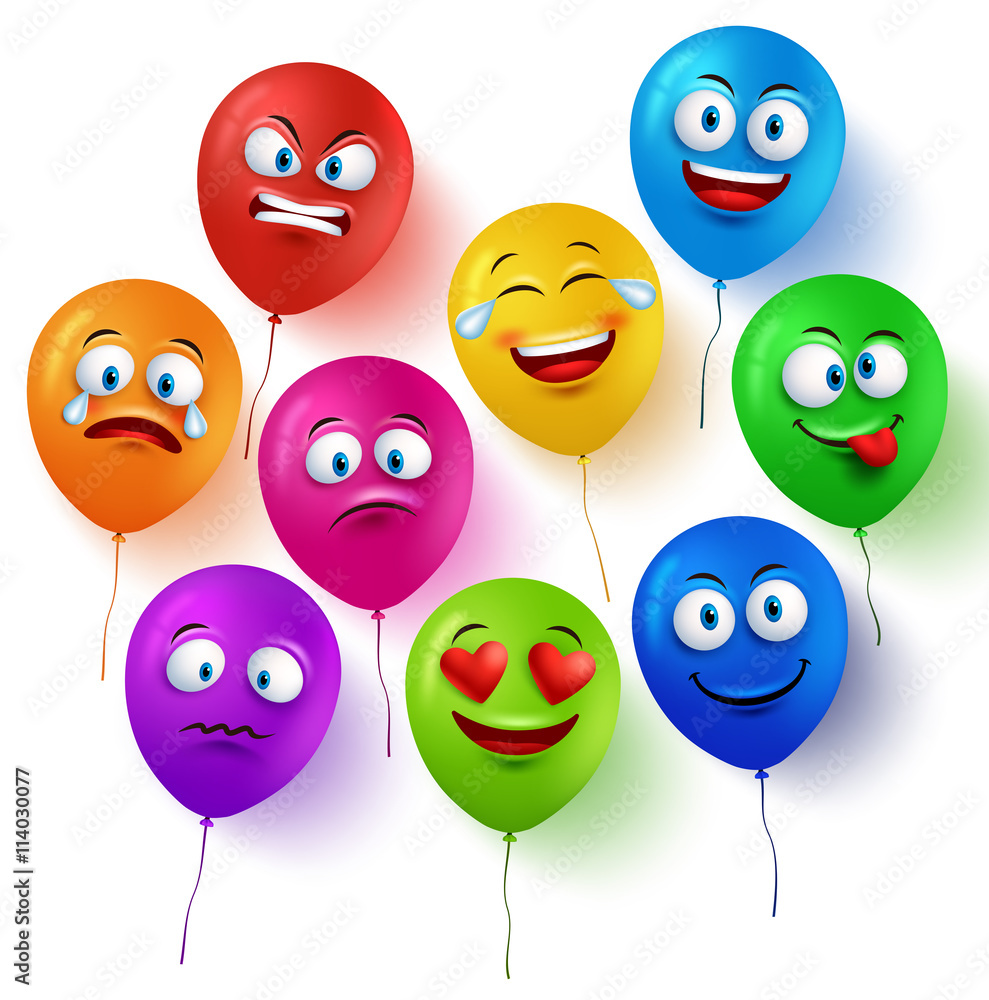 Poster vector balloon faces colorful set with funny facial expressions and different emotions isolated in w