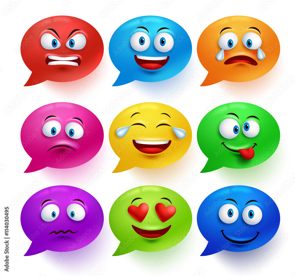 Poster speech bubble vector colorful set with funny facial expressions and emotions isolated in white backg