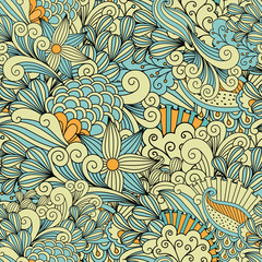 Fototapeta na wymiar Pretty yellow and blue background made of geometric patterns and lovely floral designs