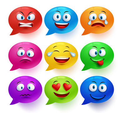 Speech bubble vector colorful set with funny facial expressions and emotions isolated in white background. Vector illustration.
