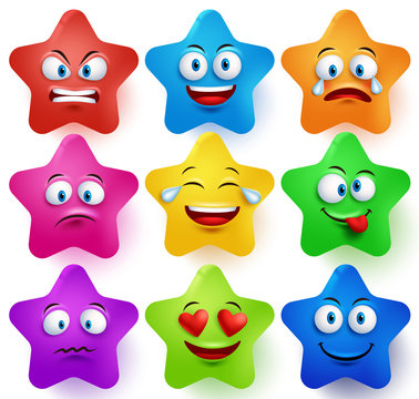 Star faces vector set with colors and facial expressions and different emotions isolated in white background. Vector illustration.
