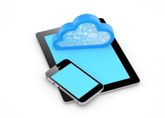 tablet pc, smart phone and cloud. 3d rendering.