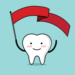 Vector of Cute healthy white teeth with red flag for Healthcare 