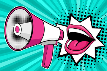 Sexy open female mouth and megaphone screaming. Vector background in comic retro pop art style.