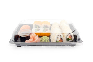 Sushi delivery box on white background. Japan menu in black transport box
