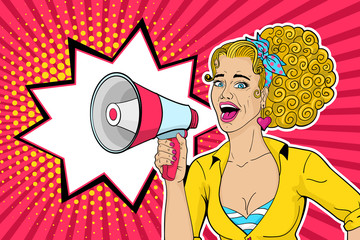 Sexy blonde pop art woman with open mouth and megaphone speaking. Vector background in comic retro pop art style. - 114031680
