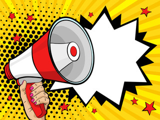 Female hand with megaphone. Vector background in comic retro pop art style.