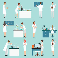 Characters set Scientists with male and female people.