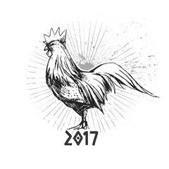 Rooster - a symbol of the new year 2017. Image cock. Rooster drawn in ink. Black and white sketch of a cock.