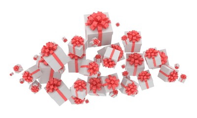 flying gift boxes on white. 3d rendering.