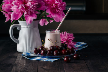 Homemade cherry yogurt in the glass cups