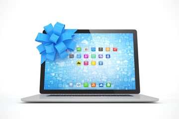 Laptop with blue bow and icons. 3D rendering.