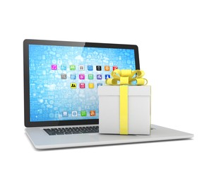 Gift box with ribbon bow on laptop keyboard. 3d rendering.