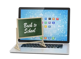 Laptop with chalkboard, back to school, online education concept. 3d rendering.