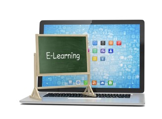  Laptop with chalkboard, e-learning, online education concept. 3d rendering.