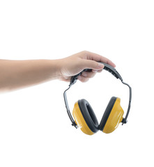 Hands holds working protective headphones is Isolated