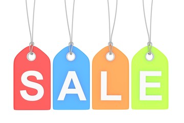 Colorful isolated sale labels on white background. Price tags. Special offer and promotion. Store discount. Shopping time. 3D rendering.
