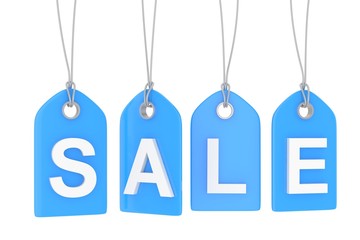 Blue isolated sale labels on white background. Price tags. Special offer and promotion. Store discount. Shopping time. 3D rendering.
