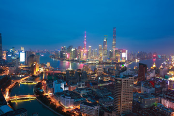 Fototapeta premium Aerial photography at Shanghai bund Skyline of night scene