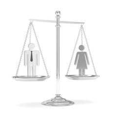 Isolated old fashioned pan scale with man and woman on white background. Gender inequality. Equality of sexes. Law issues. Silver model. 3D rendering.