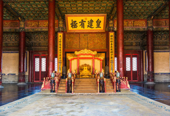 Chinese emperor's throne in The Forbidden City . Forbidden City was built in 1420,it is a very...