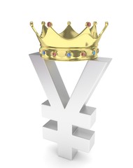 Isolated silver yen yuan sign with golden crown on white background. Chinese japanese currency. Concept of investment, asian market, savings. Power, luxury and wealth. 3D rendering.