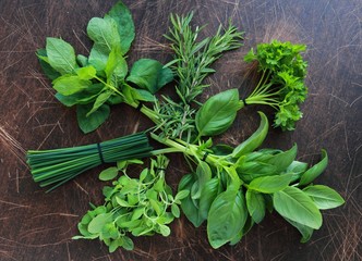 Fresh herbs from garden, view from above