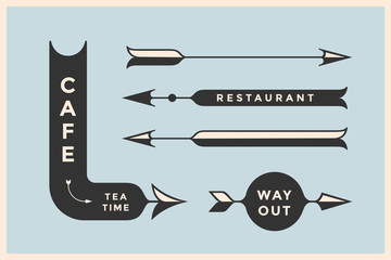 Set of vintage arrows and banners with inscription Cafe, Way Out, Restaurant. Design elements in retro style arrow signs on color background. Vector Illustration