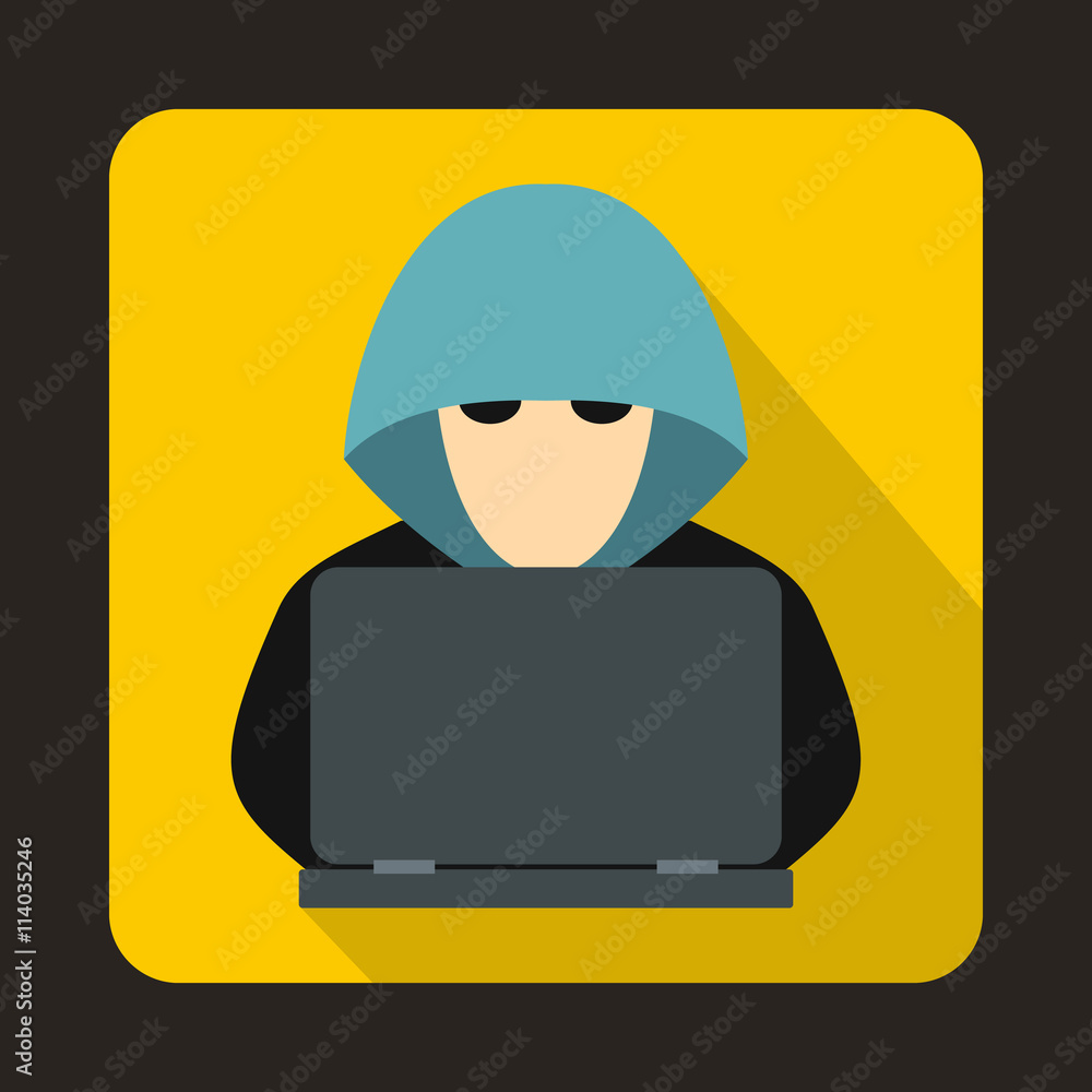 Poster computer hacker with laptop icon, flat style