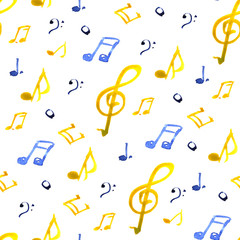 Watercolor music notes pattern on white background