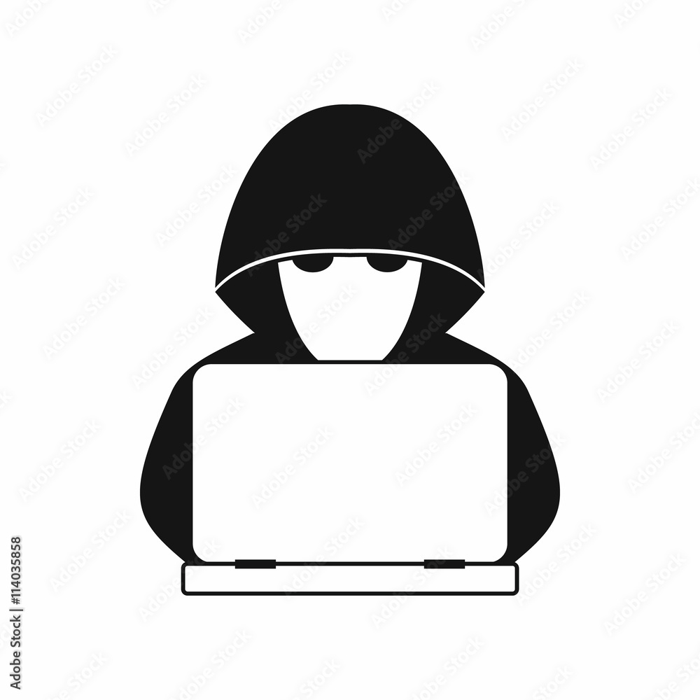Poster computer hacker with laptop icon, simple style