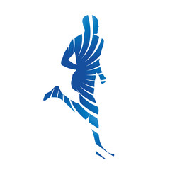 Abstract vector runner. Blue rays, running man silhouette