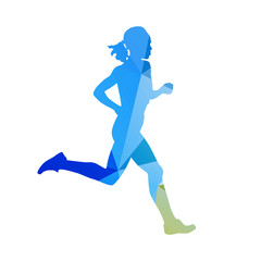 Fototapeta na wymiar Abstract running woman silhouette. Blue vector runner. Profile,